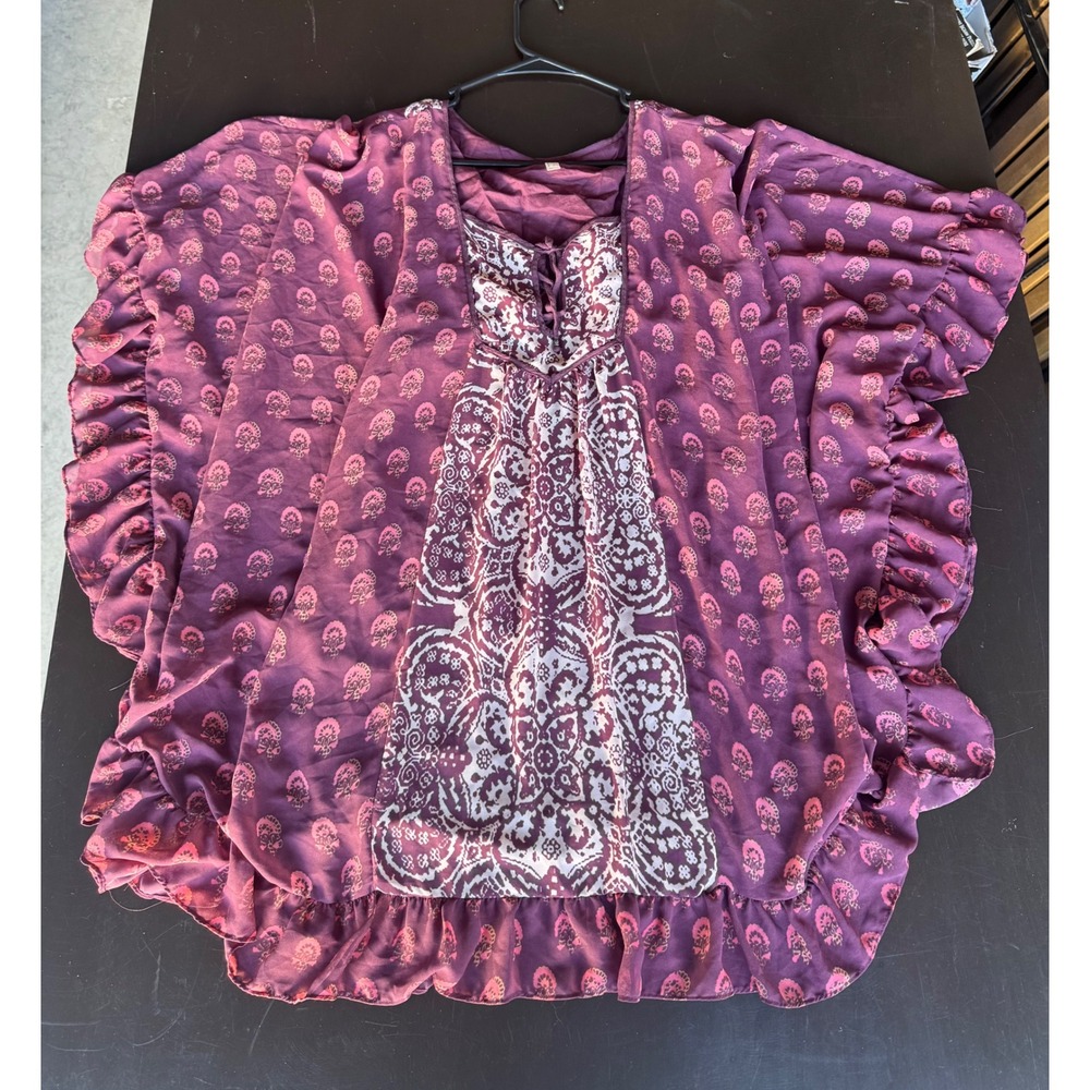 Free People XS Plum Purple Paisley Ruffle Lace Up Boho Tunic Top 41F601YD19LA